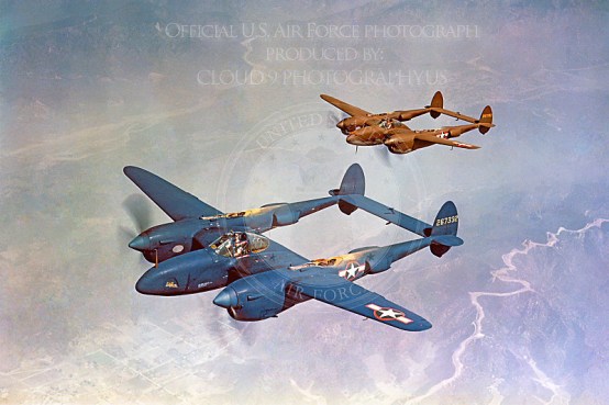 P-38 00004 Two US Army Air Corps in-flight Lockheed P-38 Lightning WWII era fighters, one blue and one olive drab, Official USAF Picture-L